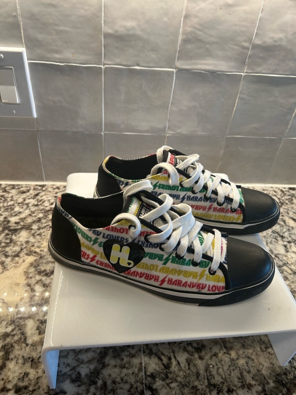 Harajuku Lovers Black Sneakers with Red, Yellow, Green & Blue Logo Print